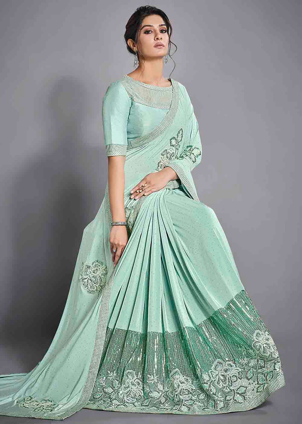 Surf Green Designer Lycra Saree with Embroidery Work