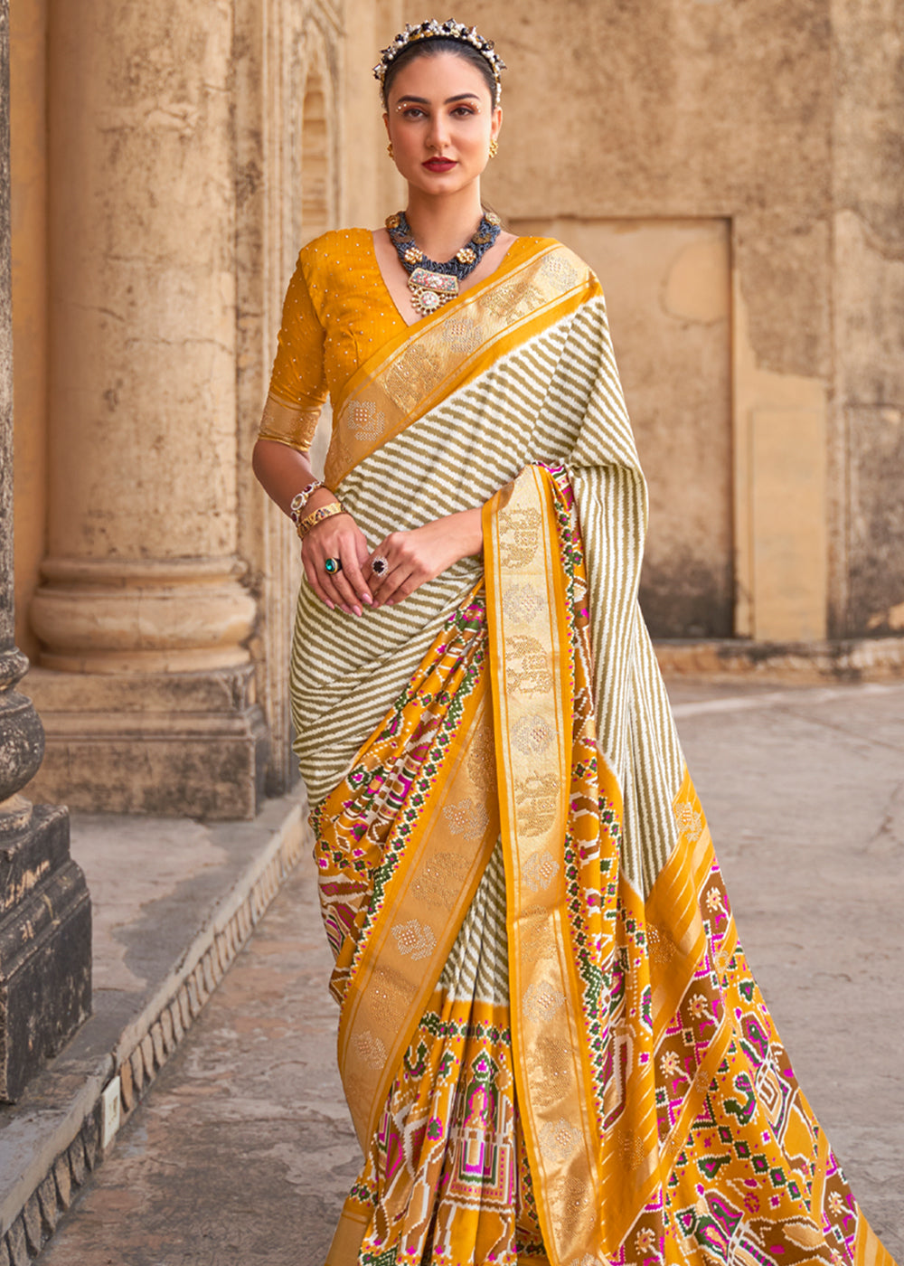 Bush White and Yellow Zari Woven Patola Saree