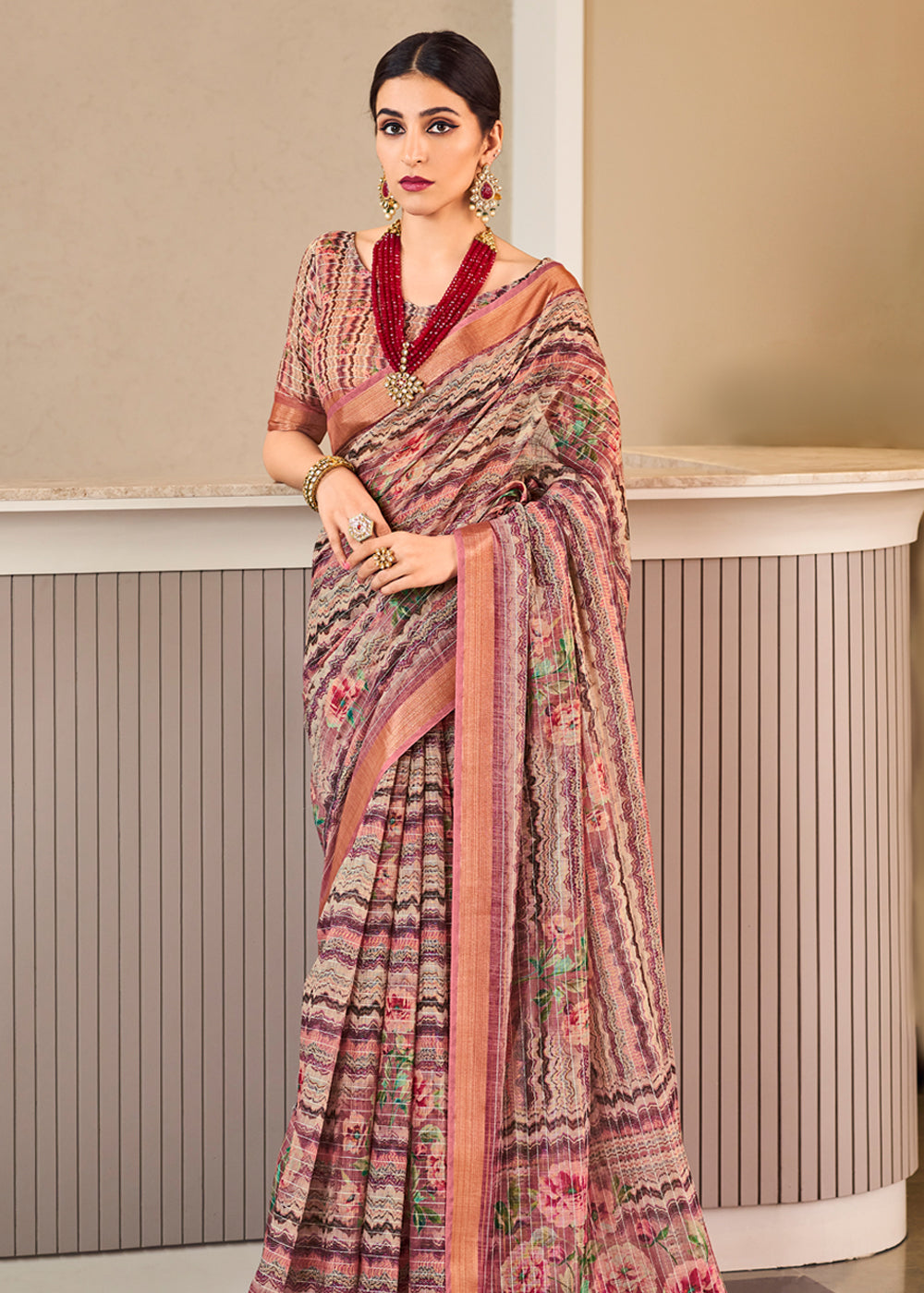 Quicksand Purple Linen Saree with Digital Print