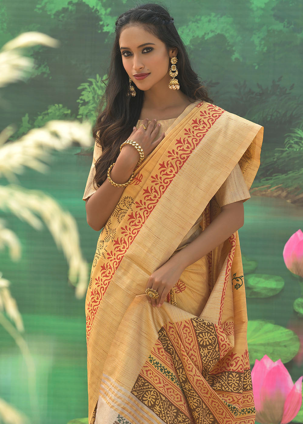 Portafino Yellow Cotton Silk Printed Saree