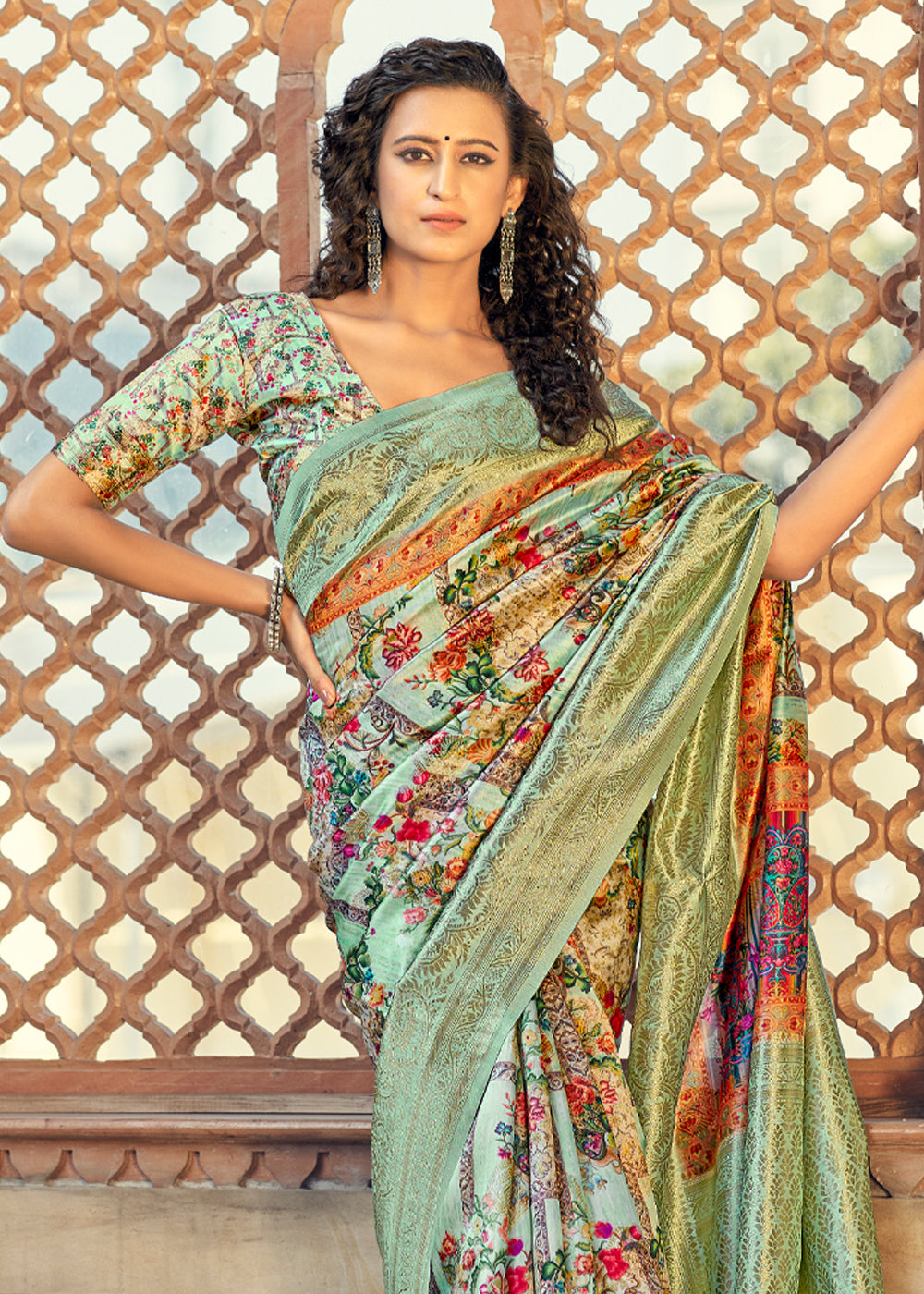 Green Mist Digital Printed Jacquard Silk Saree