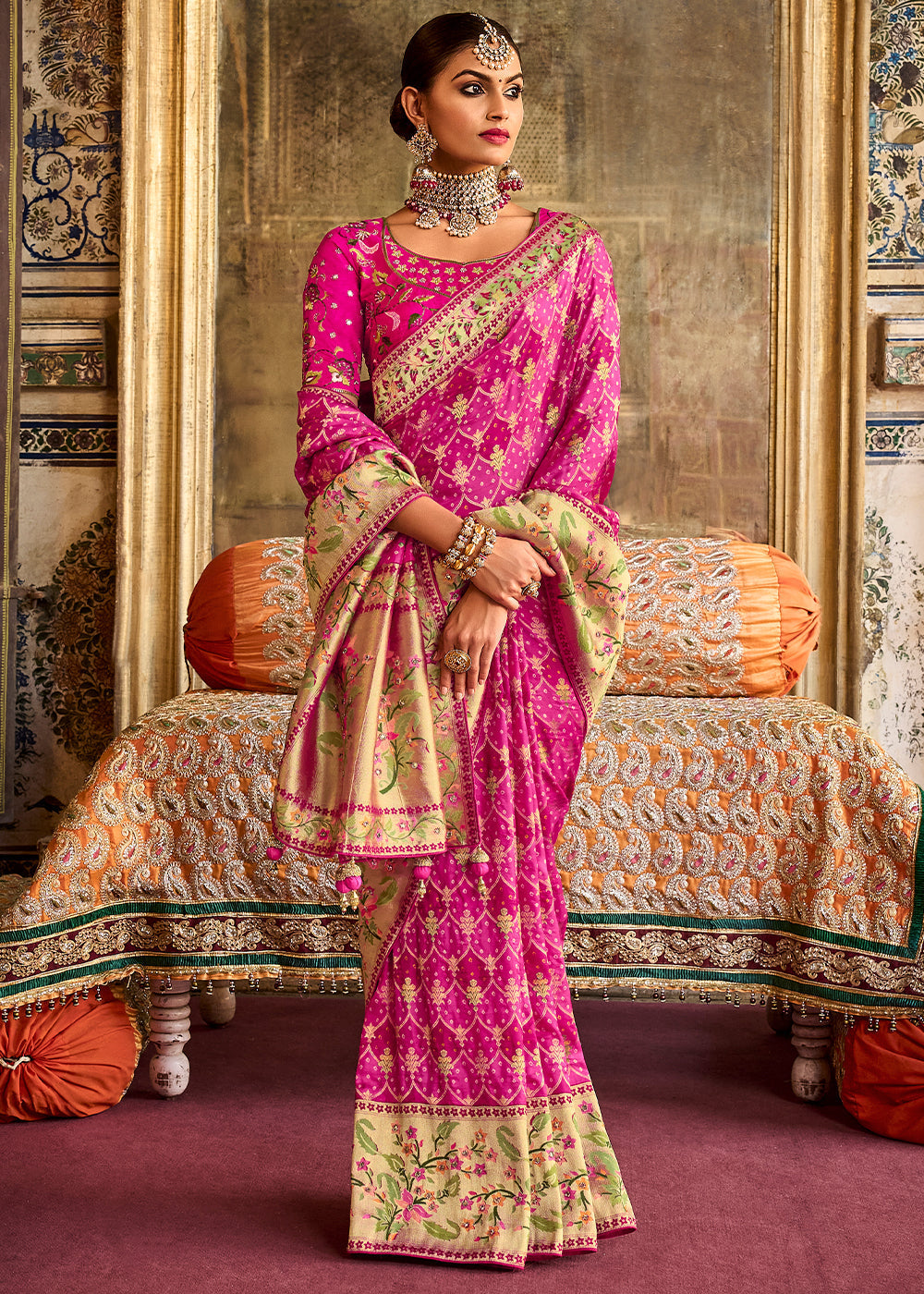 Hot Pink Patola Printed Dola Silk Saree With Embroidered Blouse