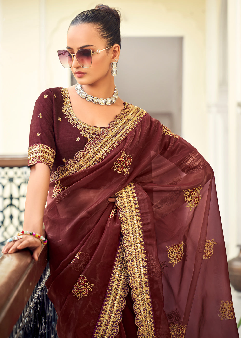 Metallic Maroon Woven Banarasi Georgette Silk Saree