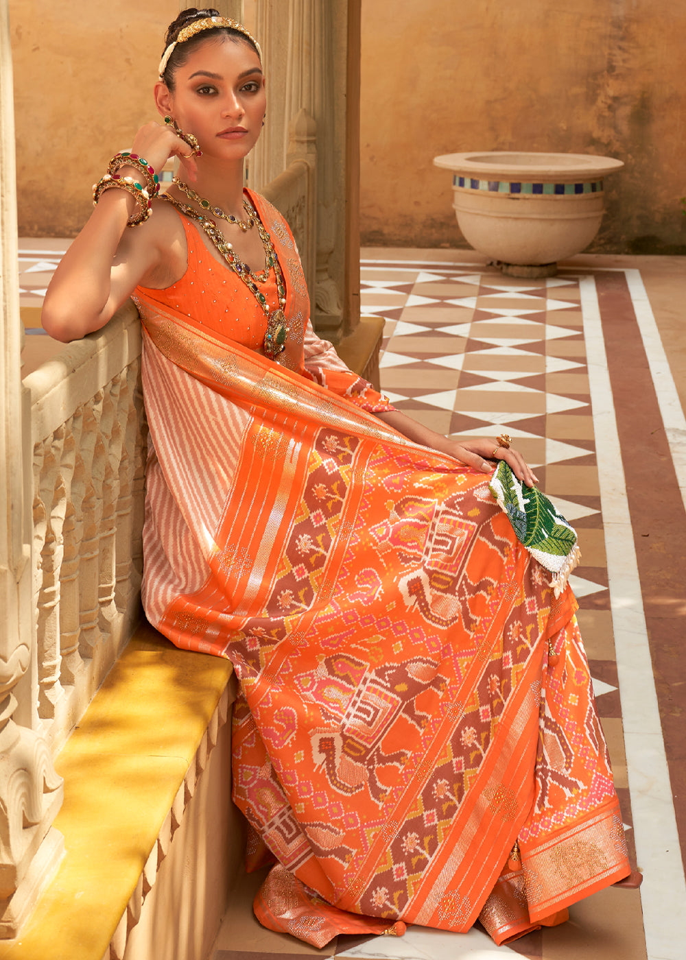 Mandarin Orange Patola Silk Saree