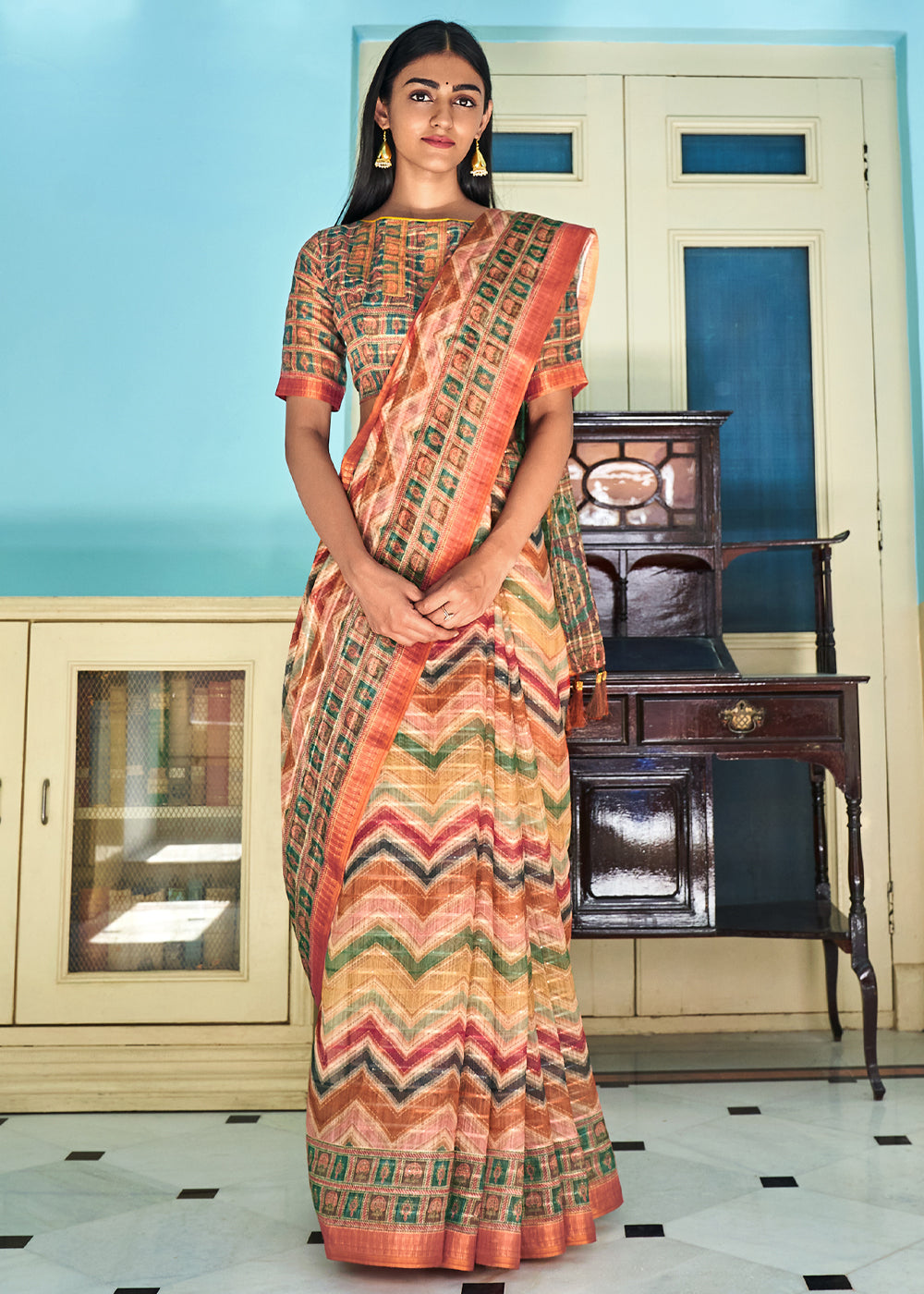 Half Peach Printed Linen Saree