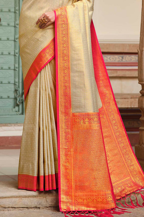 Sorrell Cream and Dark Pink Zari Woven Kanjivaram Saree