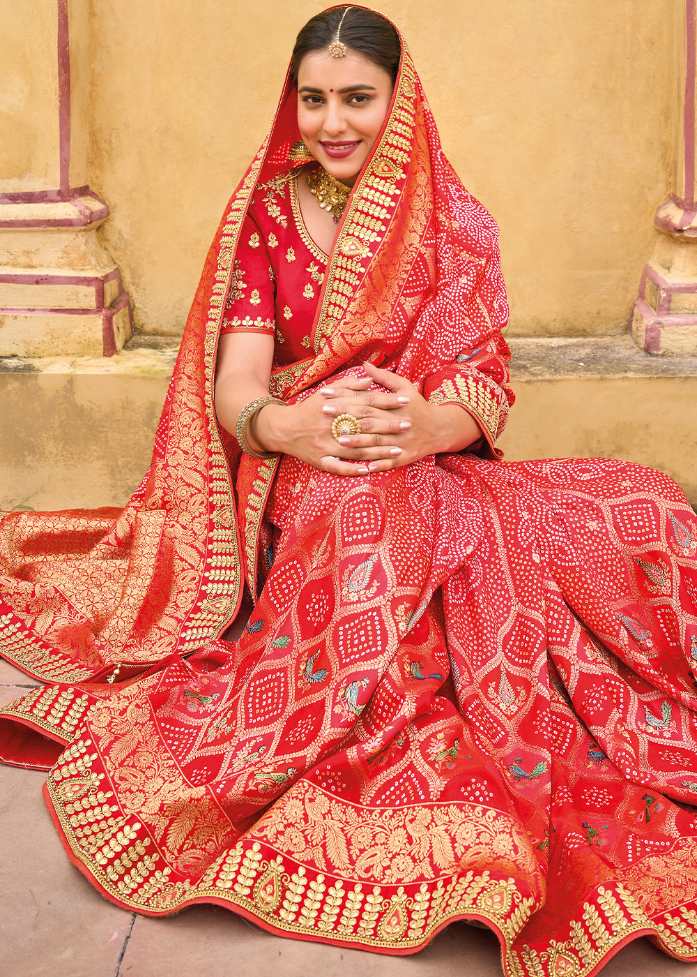 Mandy Red Embroidered Dola Silk Saree