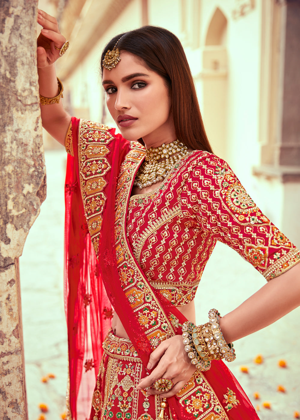 Roof Red and Orange Heavy Embroidered Designer Lehenga