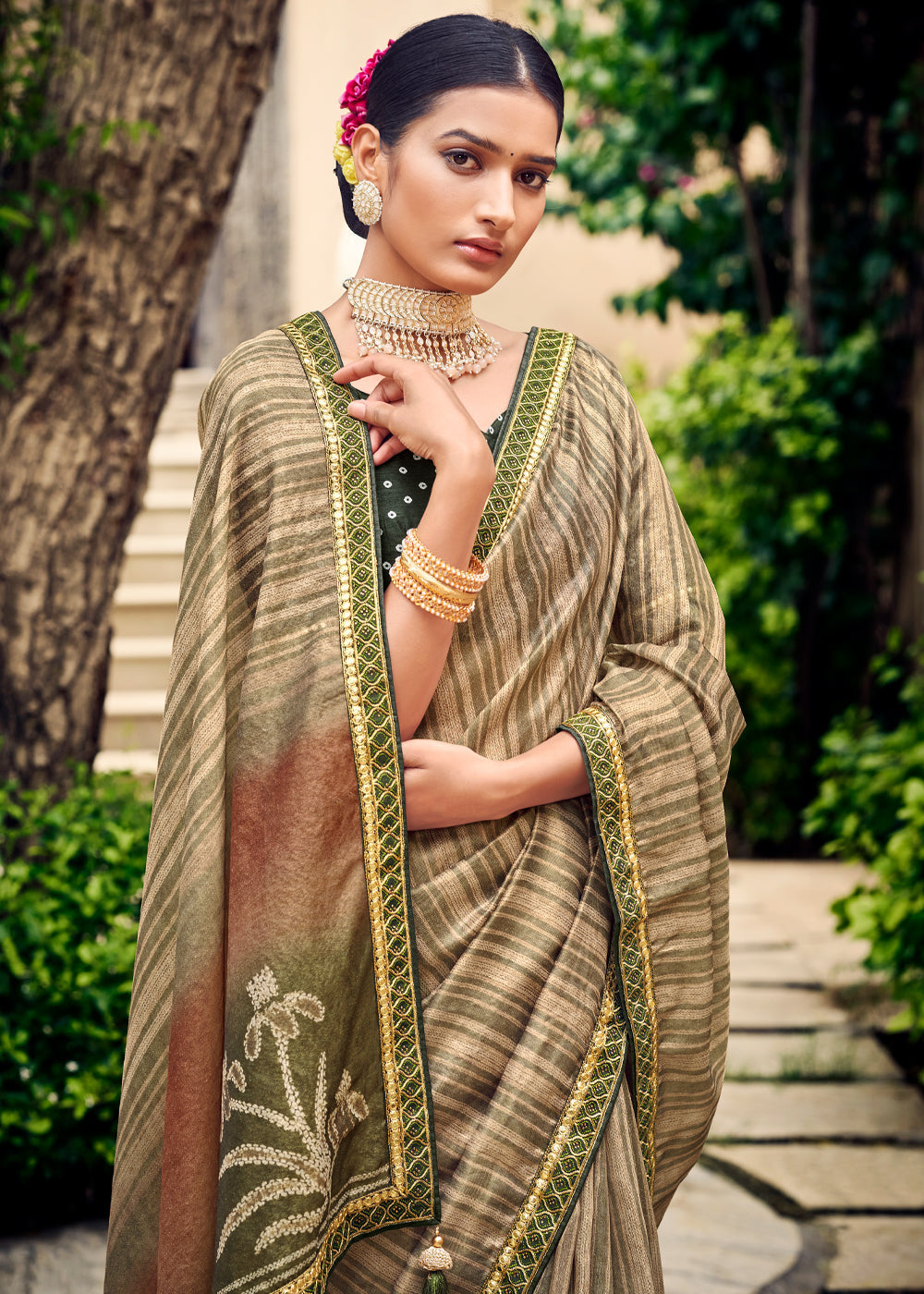 Asparagus Green Digital Printed Lehriya Silk Saree