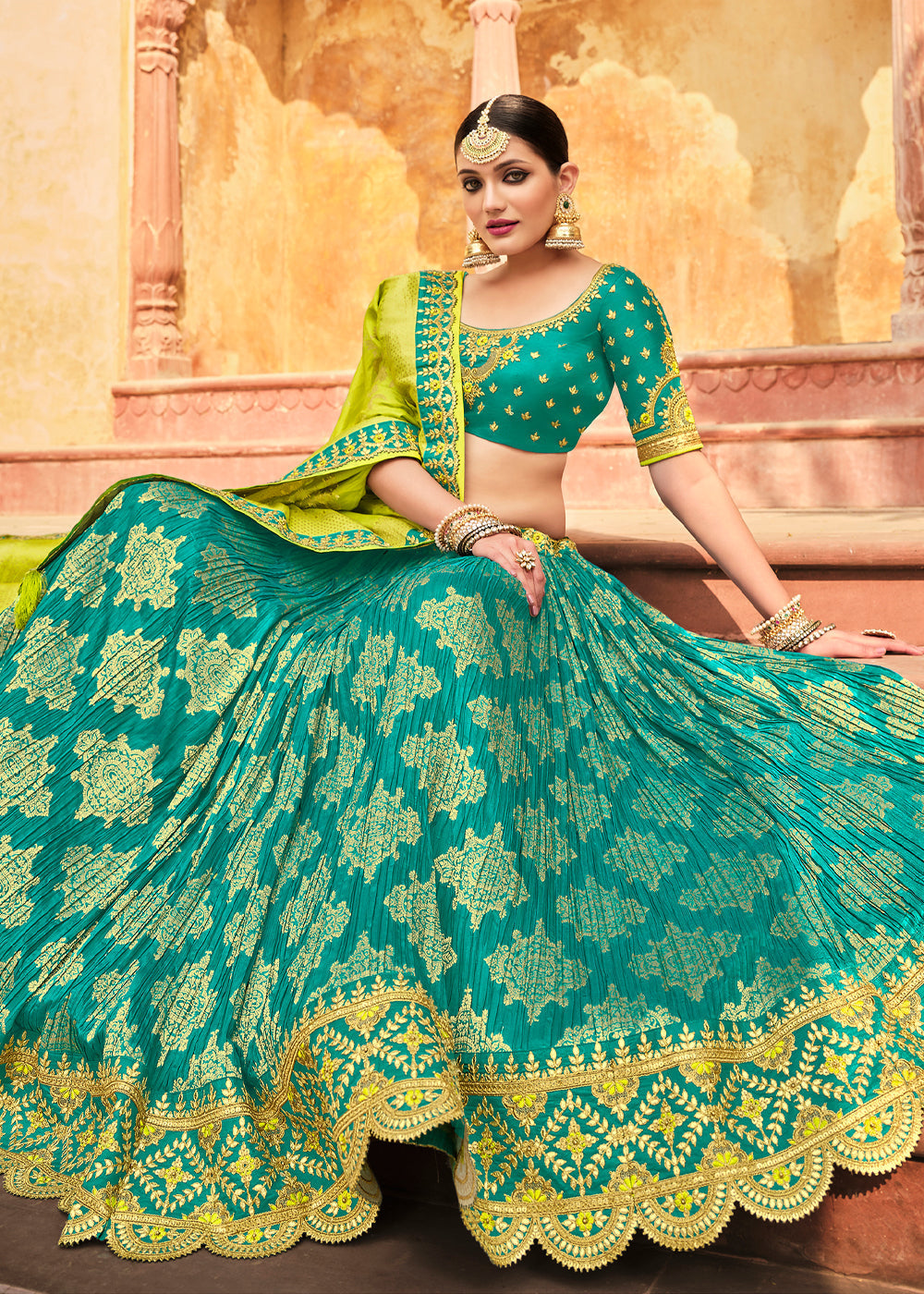 Silver Tree Green and Yellow Heavy Embroidered Lehenga