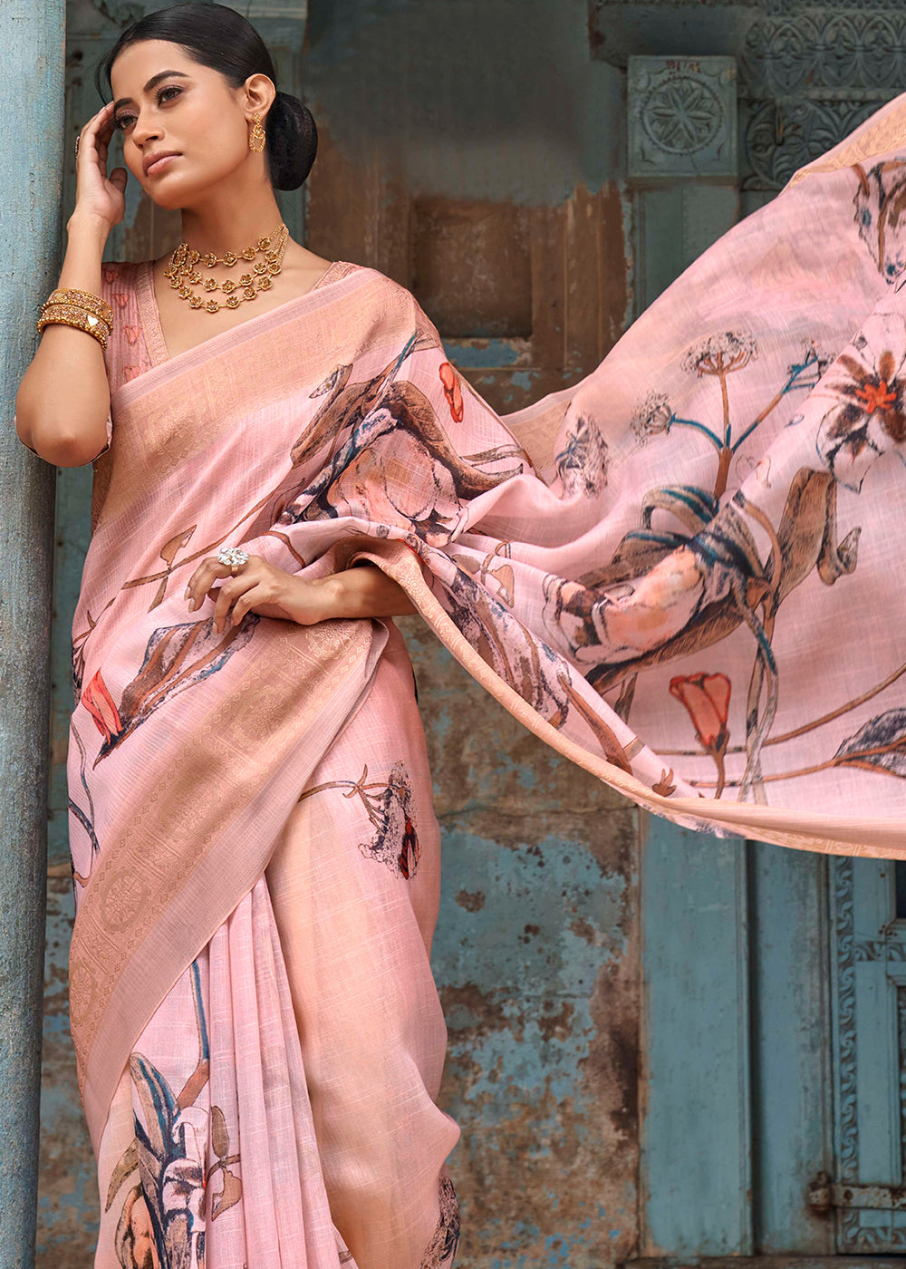 Beauty Bush Pink Floral Printed Linen Silk Saree