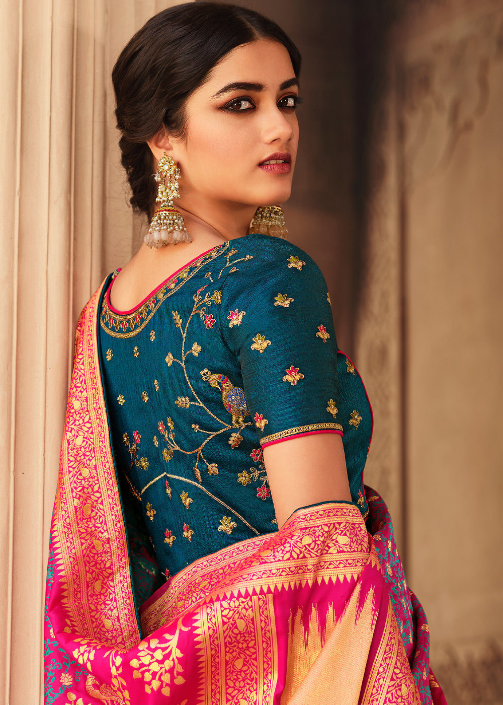 Carnation Pink and Blue Zari Woven Banarasi Saree with Designer Blouse