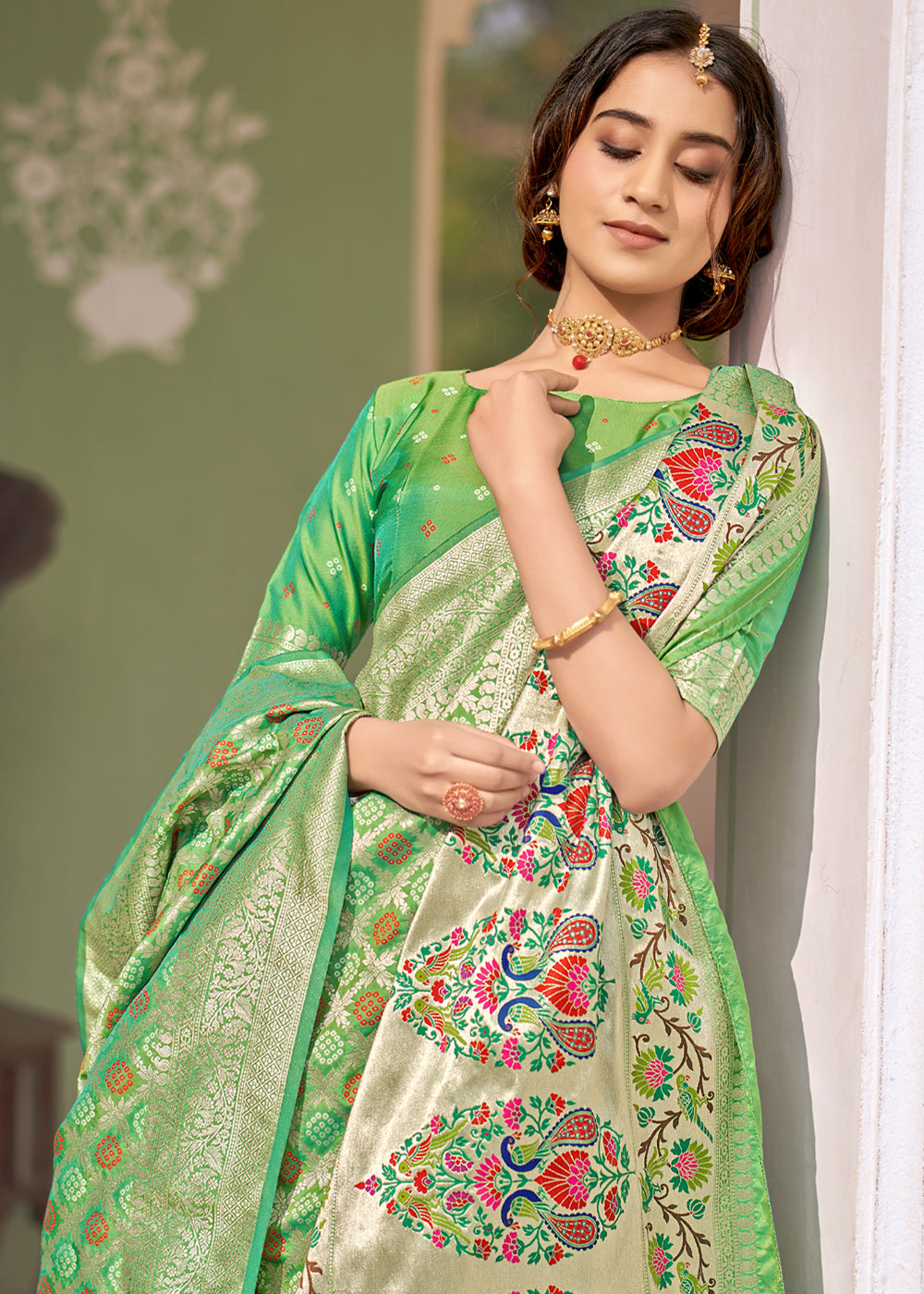 Silver Tree Green Zari Woven Banarasi Brocade Saree