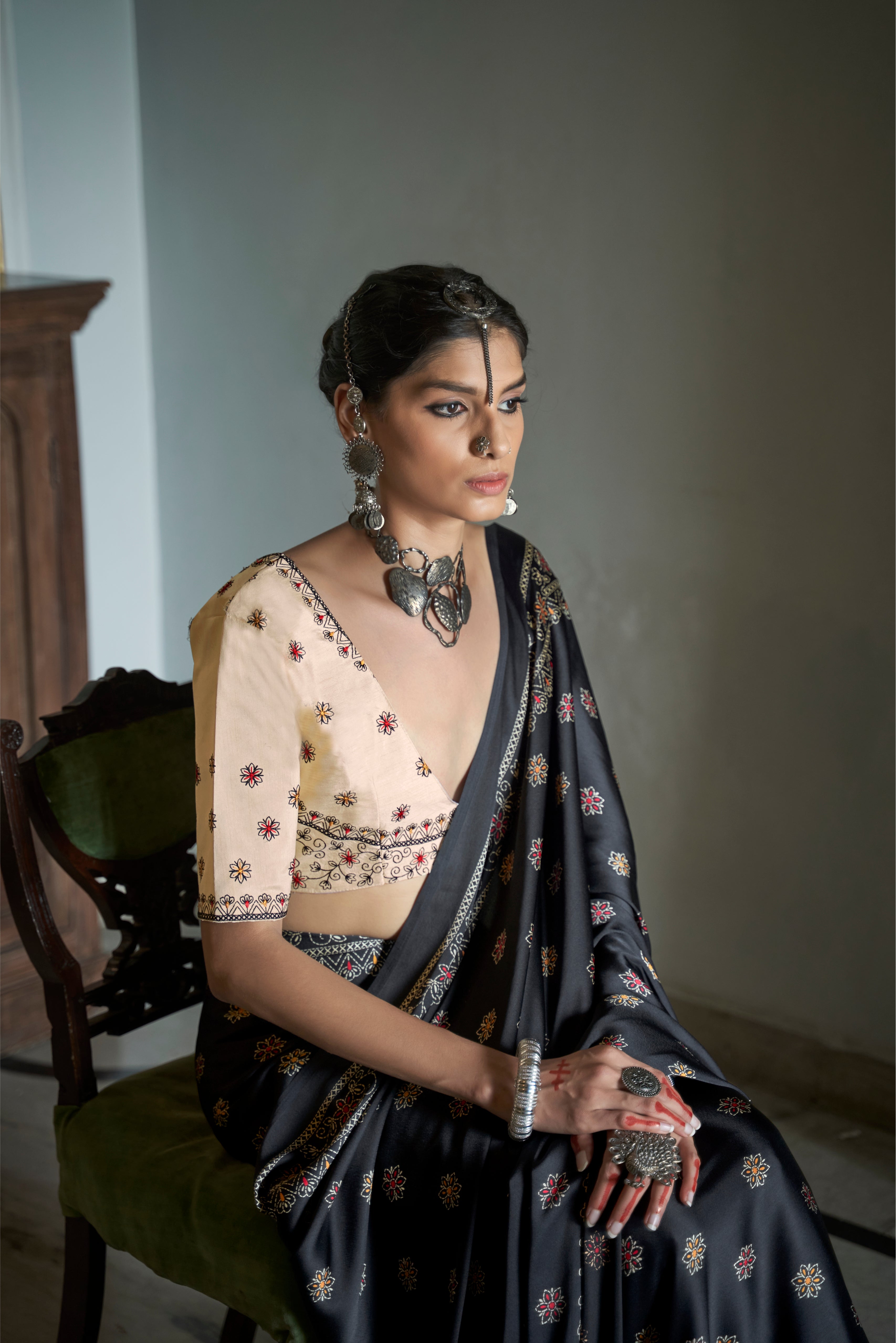 Charade Black Gajji Silk Saree with embroidery blouse