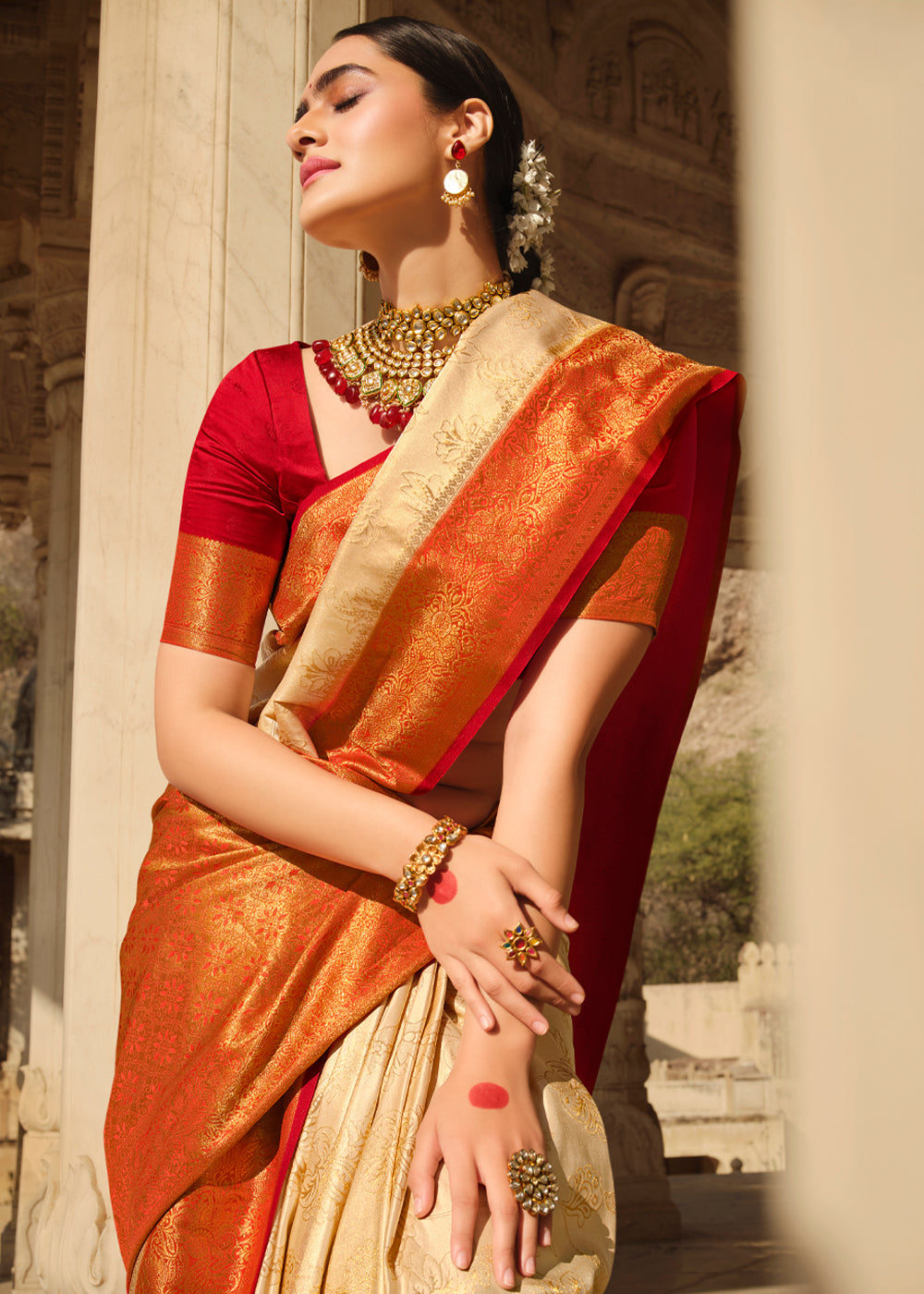 Harvest Beige and Red Zari Woven Kanjivaram Saree