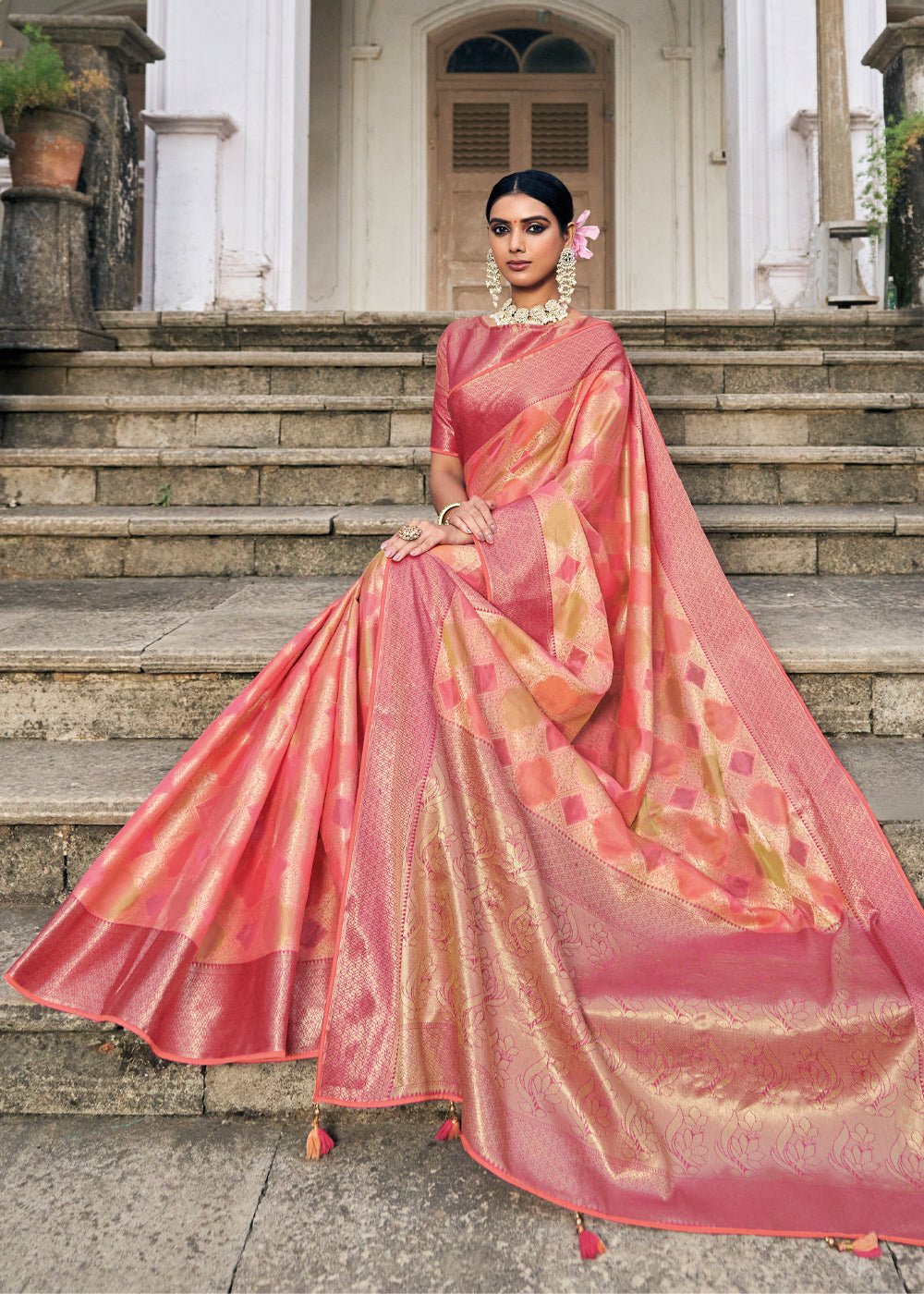 Romantic Peach Woven Organza Banarasi Silk Saree