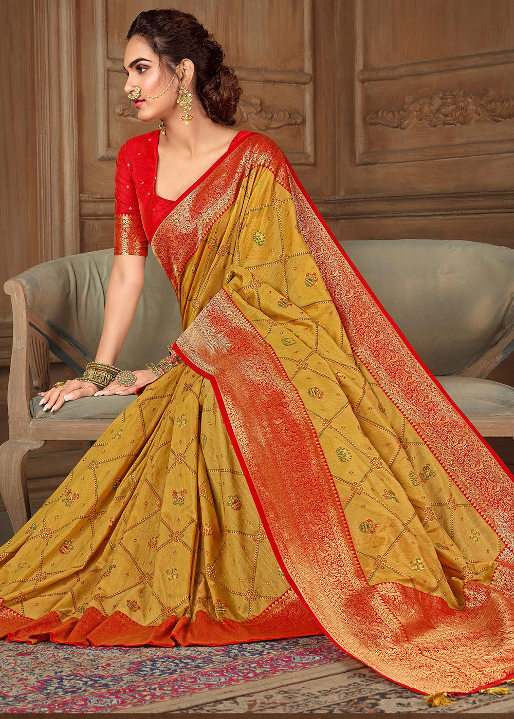 Saffron Yellow and Red Zari Woven Banarasi Saree