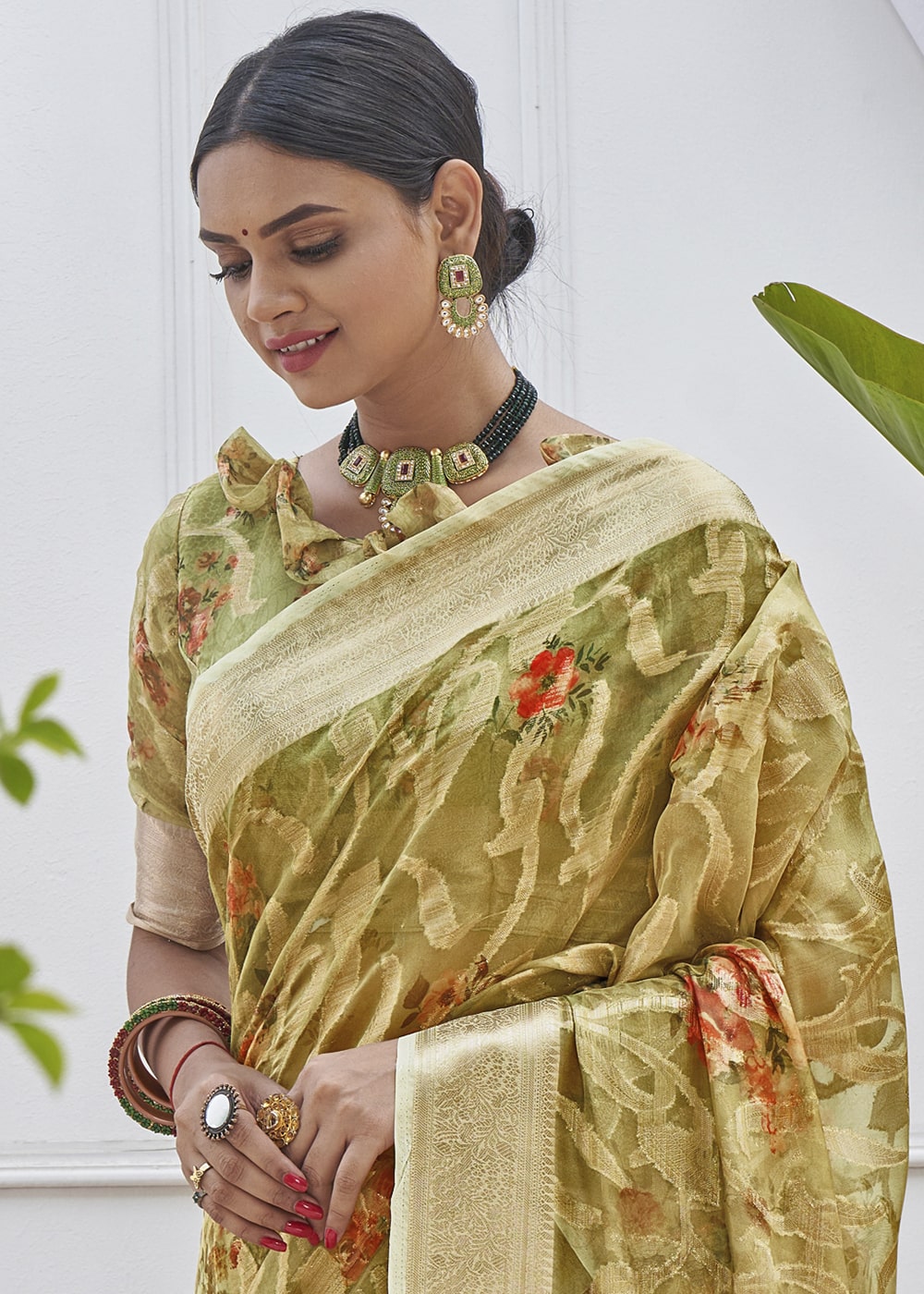 Metallic Green Digital Printed Organza Silk Saree