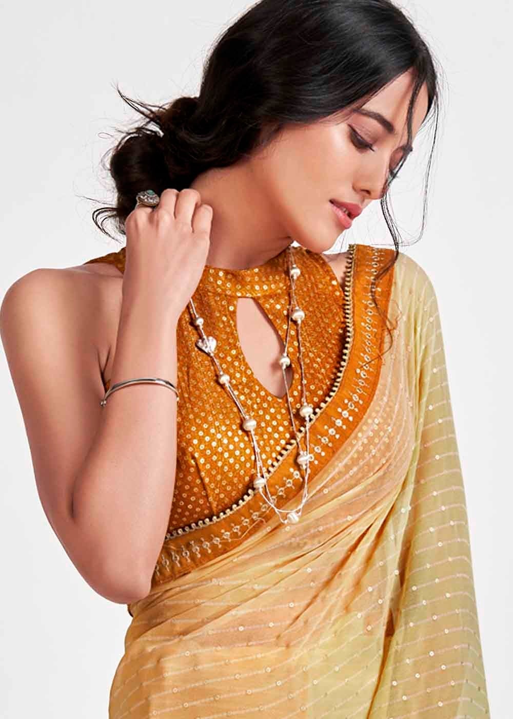 Tan Yellow Printed Georgette Saree