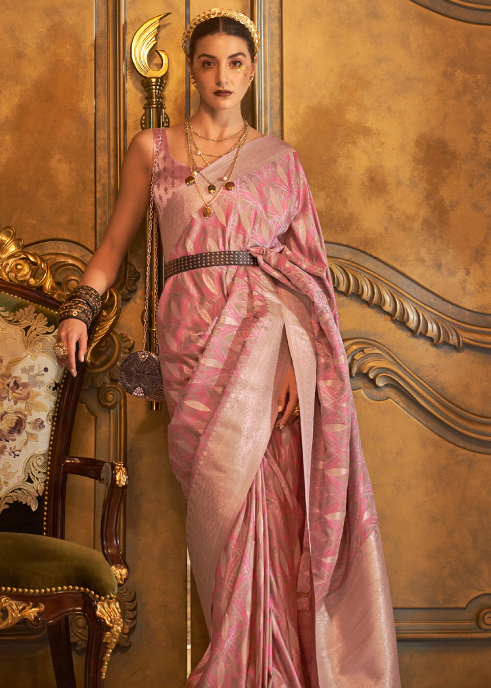 Tumbleweed Pink Banarasi Satin Silk Saree