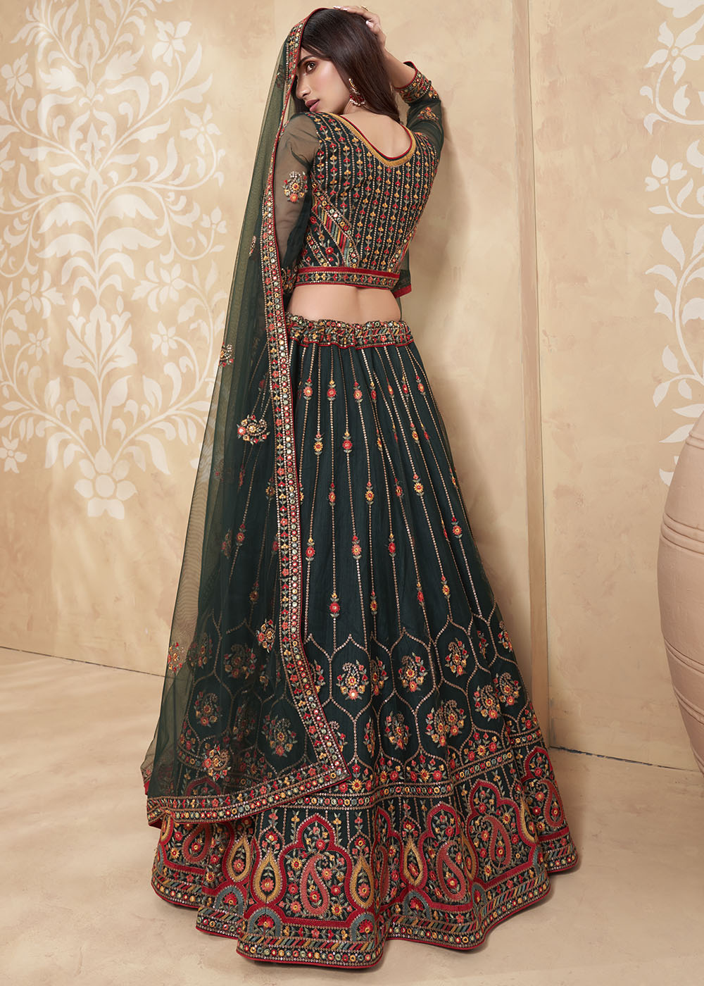 Leather Green Designer Net Lehenga with Multi Thread Embroidery Work