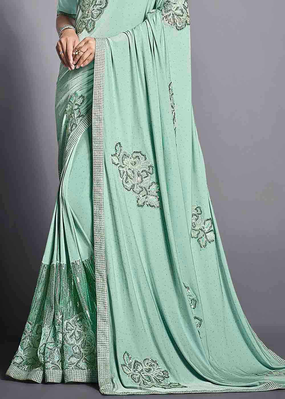 Surf Green Designer Lycra Saree with Embroidery Work