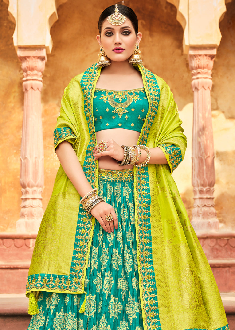 Silver Tree Green and Yellow Heavy Embroidered Lehenga