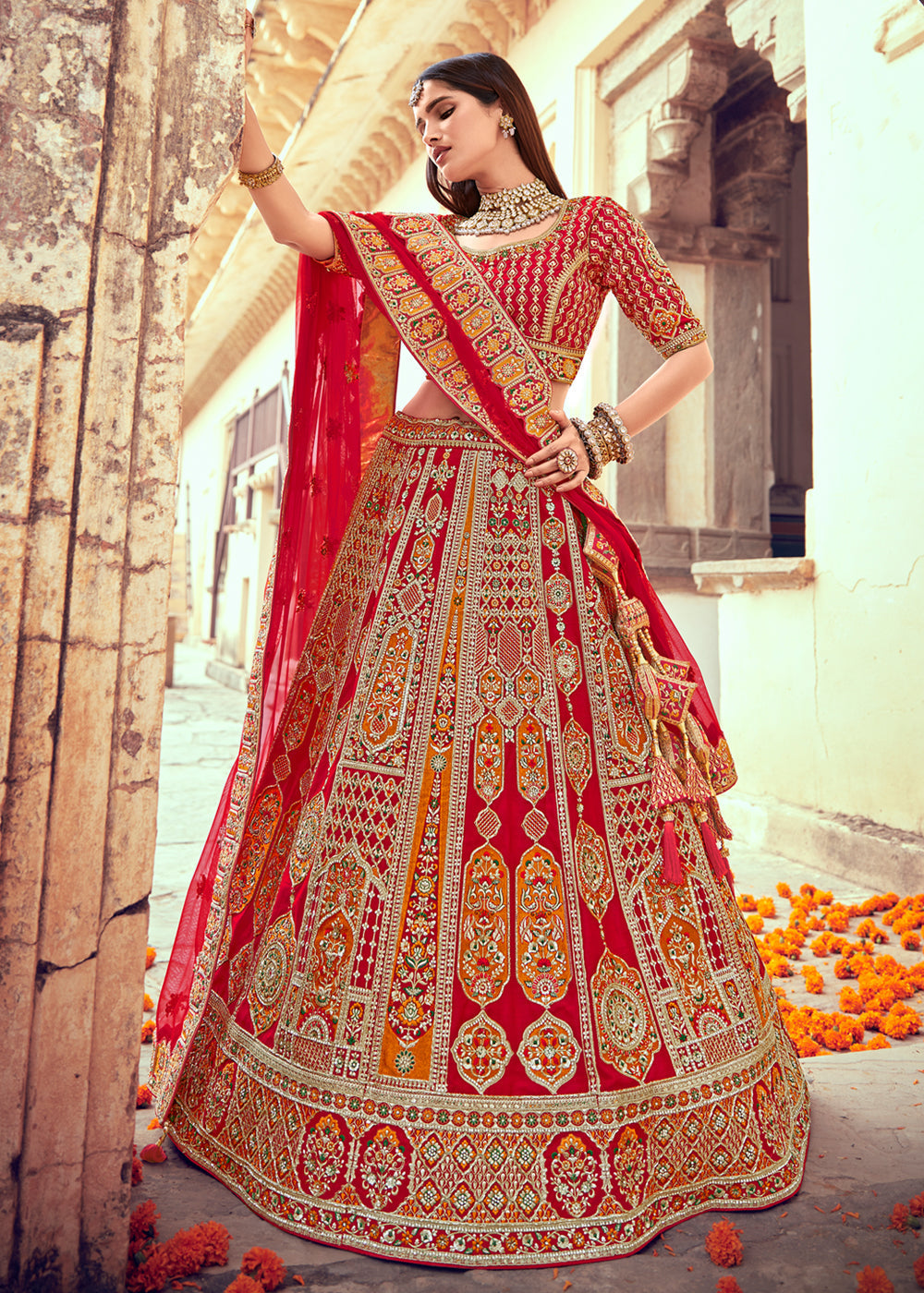 Roof Red and Orange Heavy Embroidered Designer Lehenga