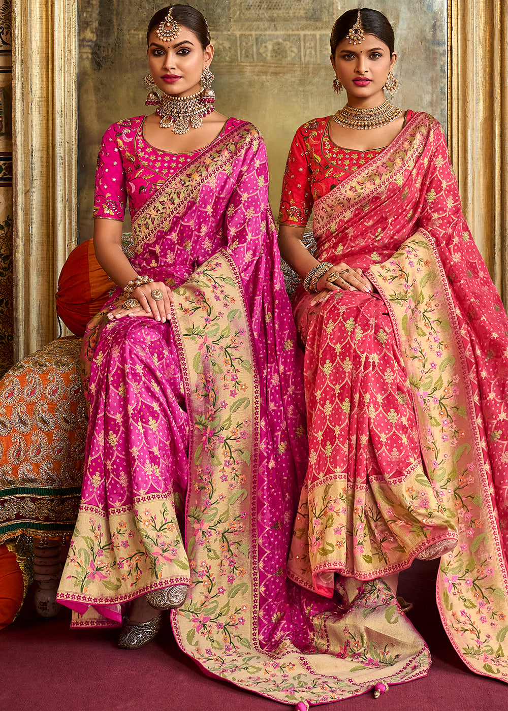 Hot Pink Patola Printed Dola Silk Saree With Embroidered Blouse