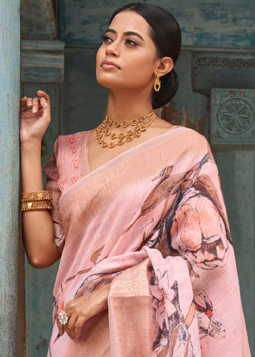 Beauty Bush Pink Floral Printed Linen Silk Saree