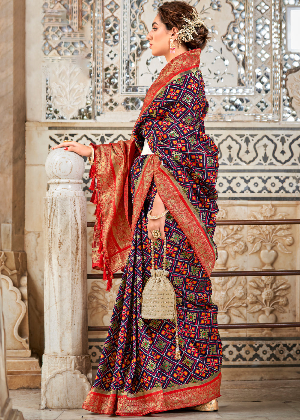 Ship Blue and Red Zari Woven Patola Saree