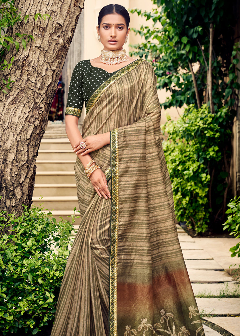 Asparagus Green Digital Printed Lehriya Silk Saree