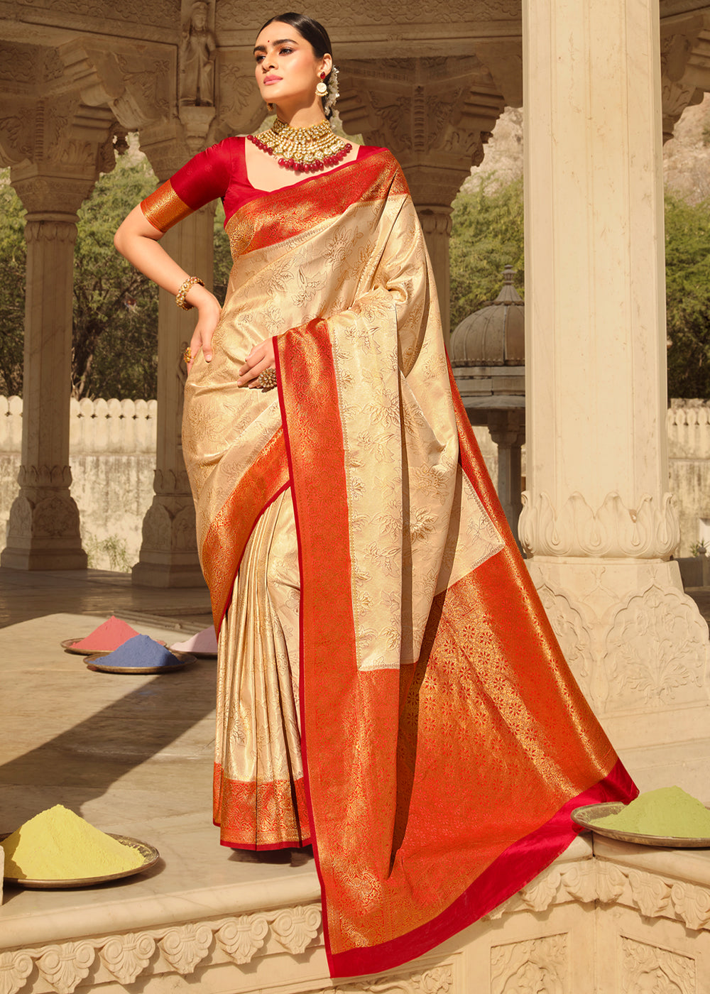 Harvest Beige and Red Zari Woven Kanjivaram Saree