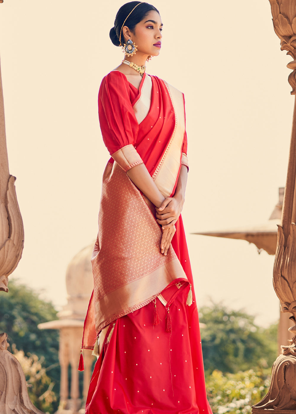 Sizzling Red Woven Banarasi Satin Silk Saree