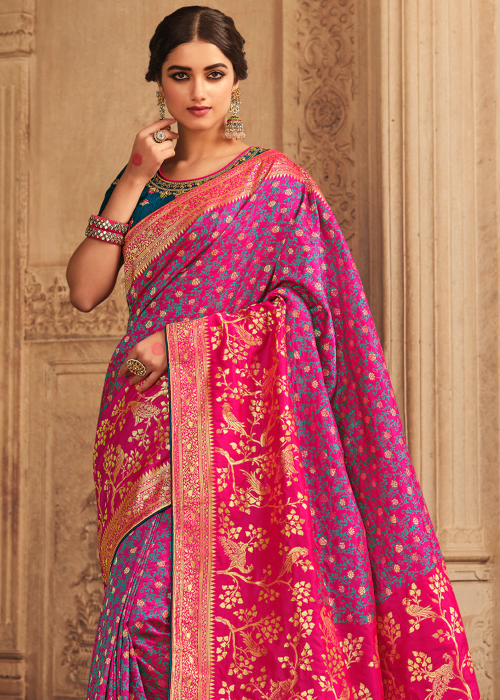 Carnation Pink and Blue Zari Woven Banarasi Saree with Designer Blouse