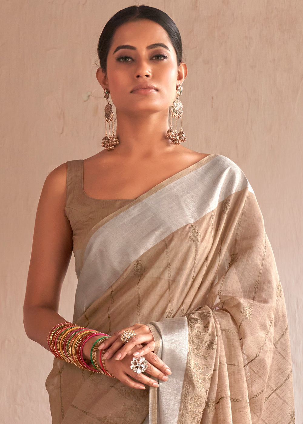 Tan Brown Floral Embroidered Linen Saree