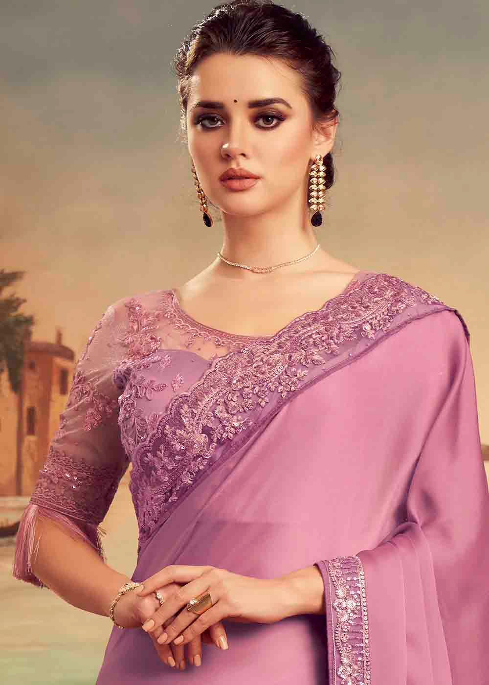 Charm Pink Embroidered Satin Silk Designer Saree