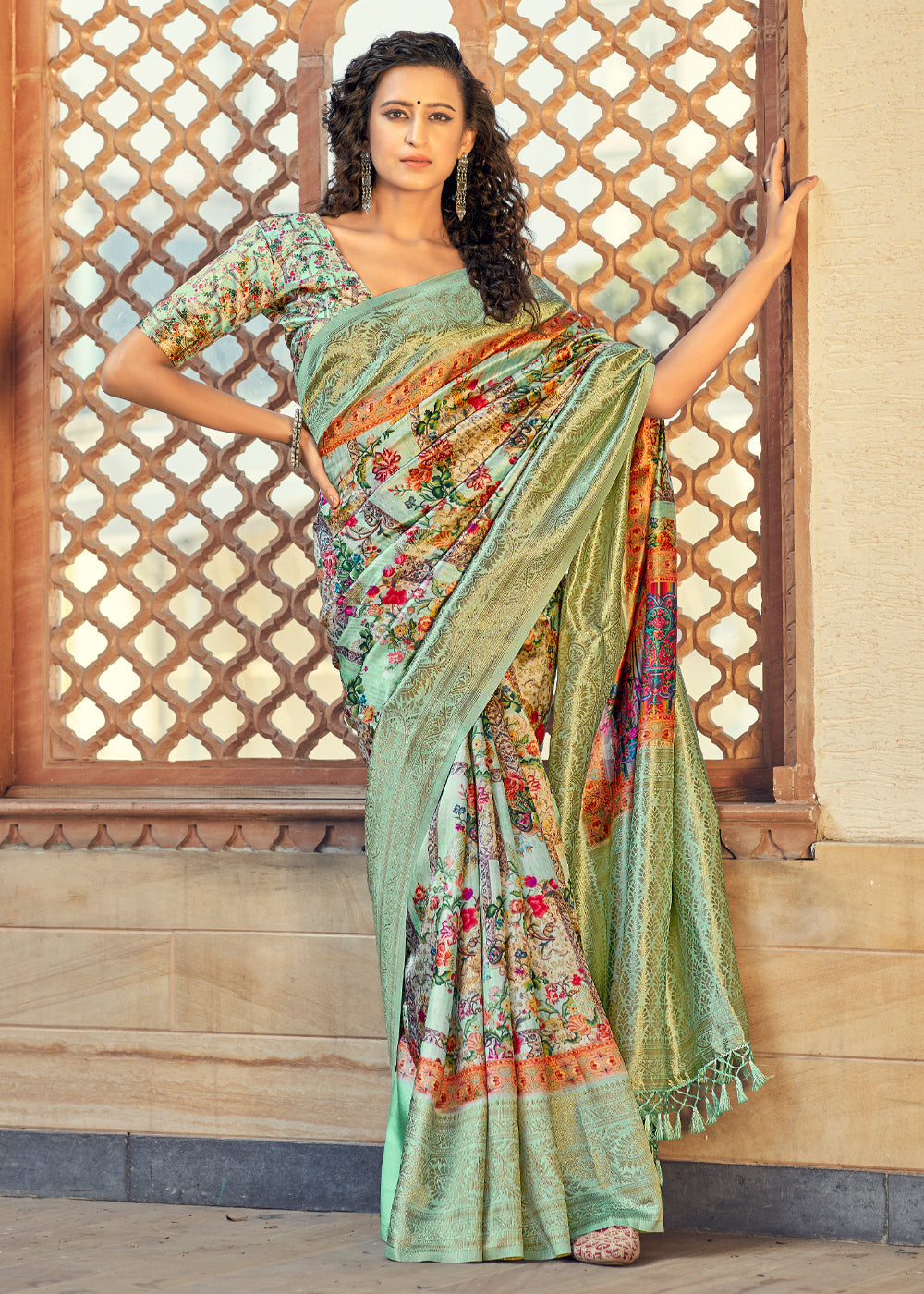 Green Mist Digital Printed Jacquard Silk Saree