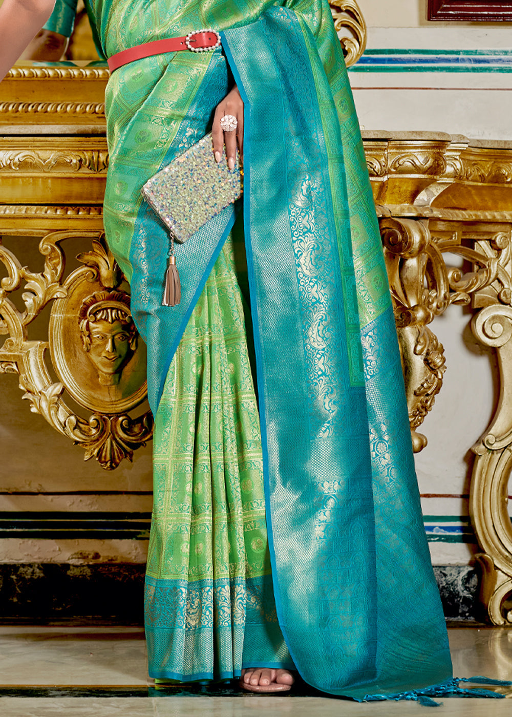 Aqua Forest Green and Blue Woven Banarasi Silk Saree