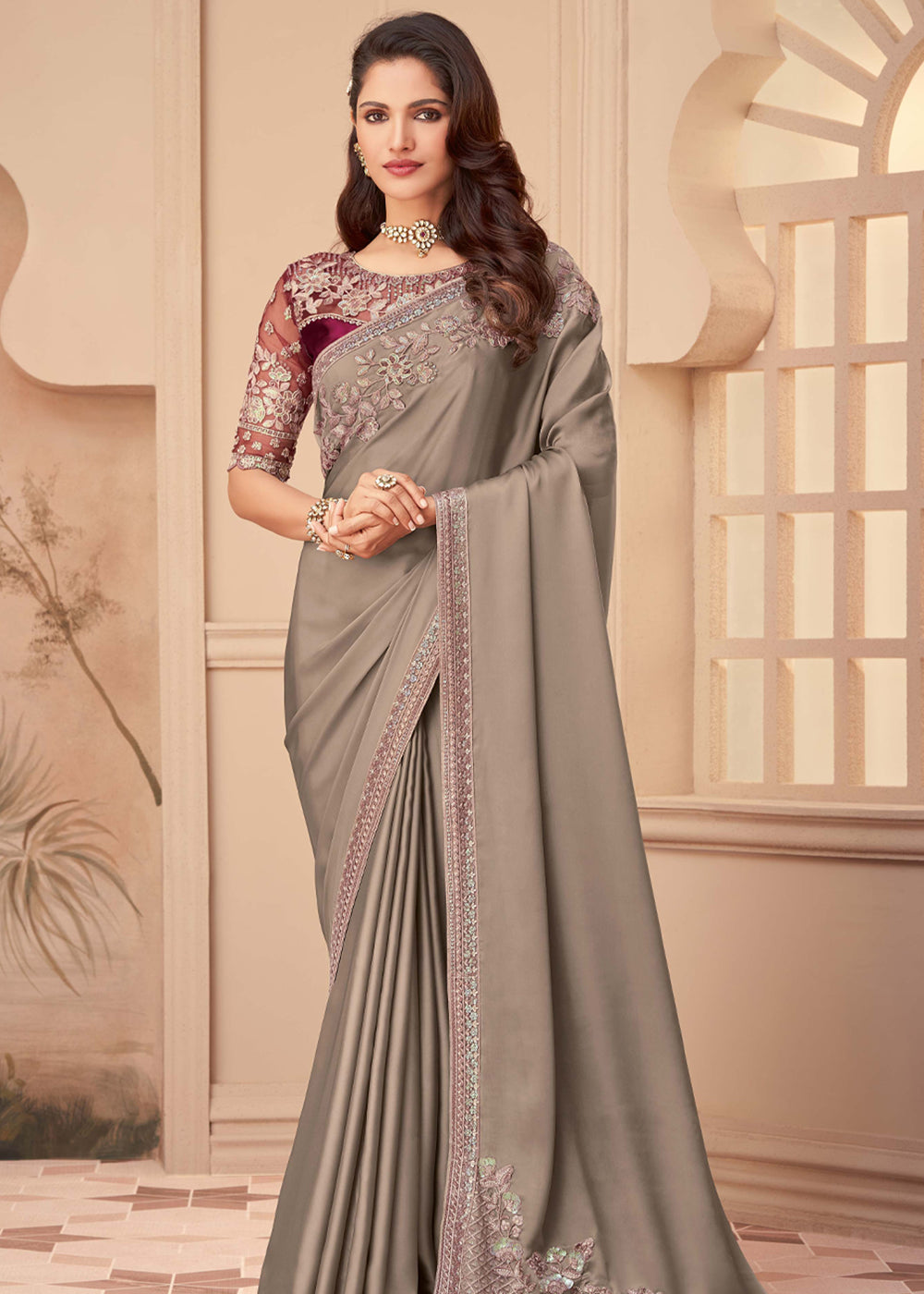 Quicksand Grey Georgette Designer Saree with Embroidered Blouse