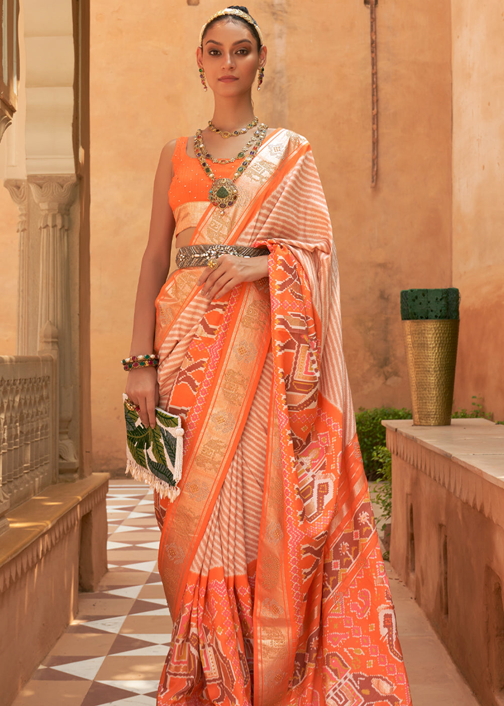 Mandarin Orange Patola Silk Saree