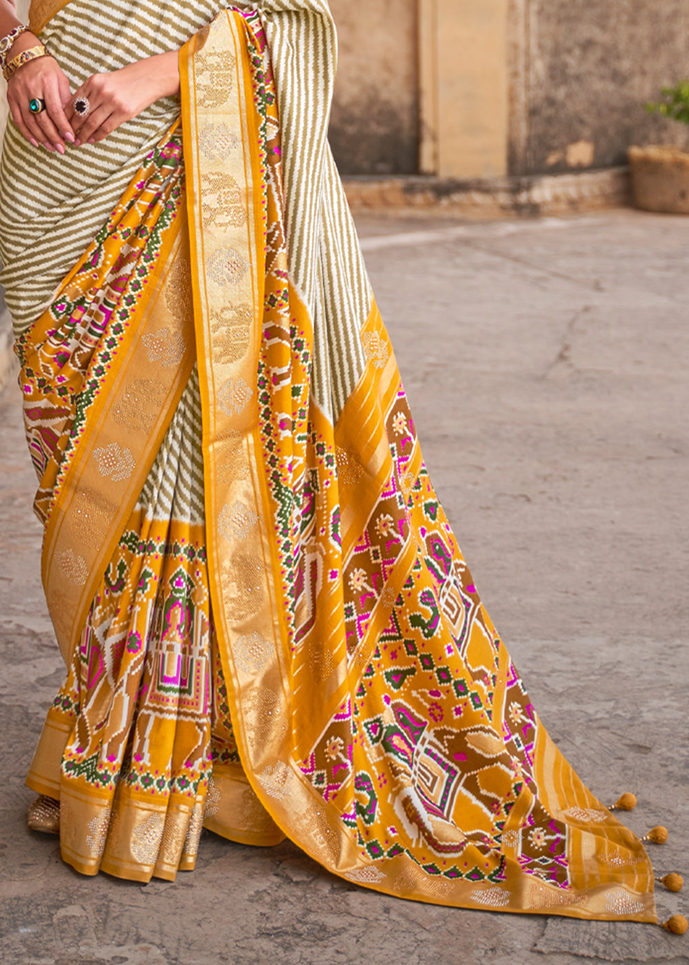 Bush White and Yellow Zari Woven Patola Saree