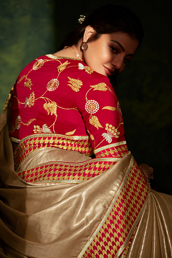 Teak Golden and Red Handloom South Silk Saree