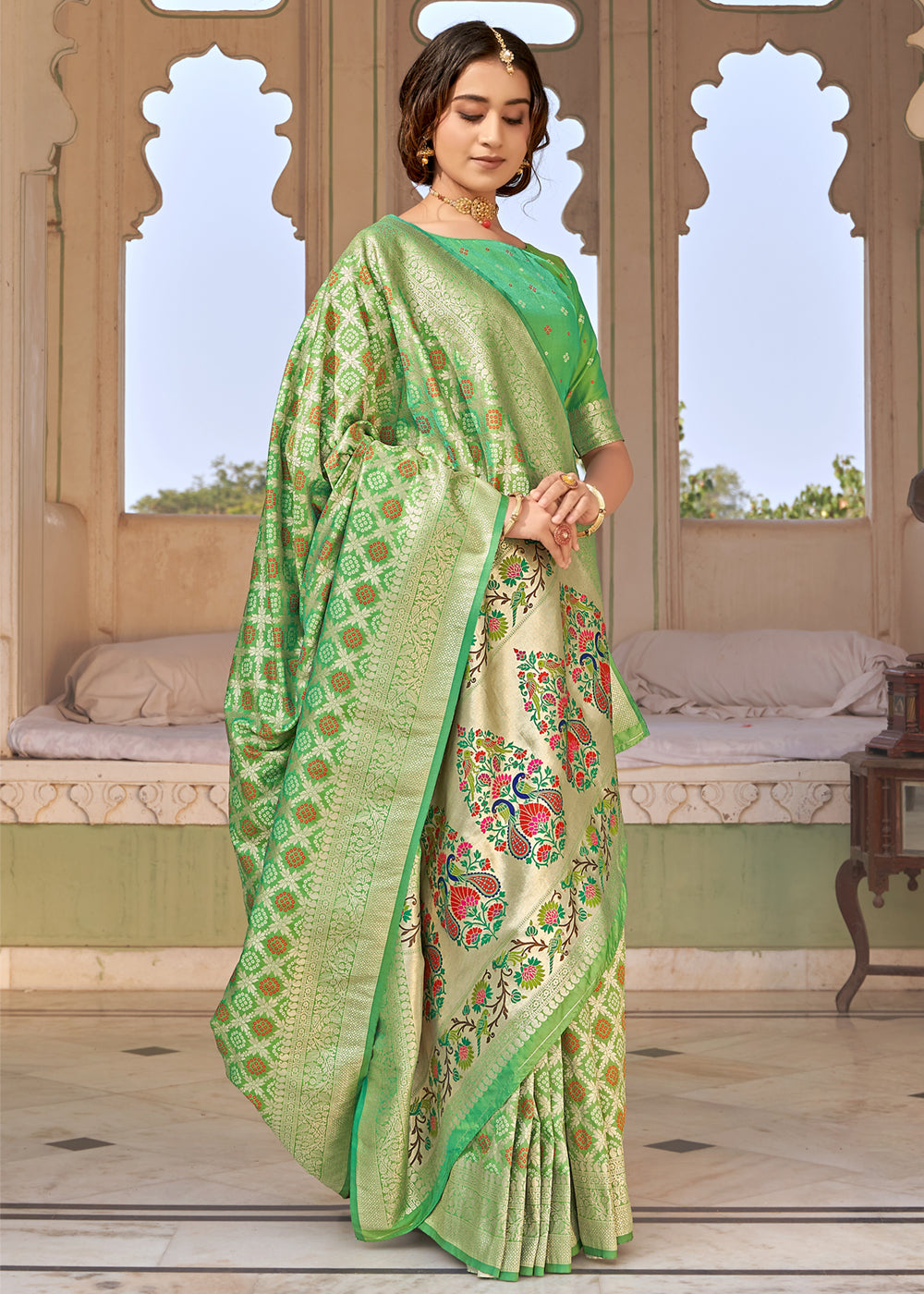 Silver Tree Green Zari Woven Banarasi Brocade Saree