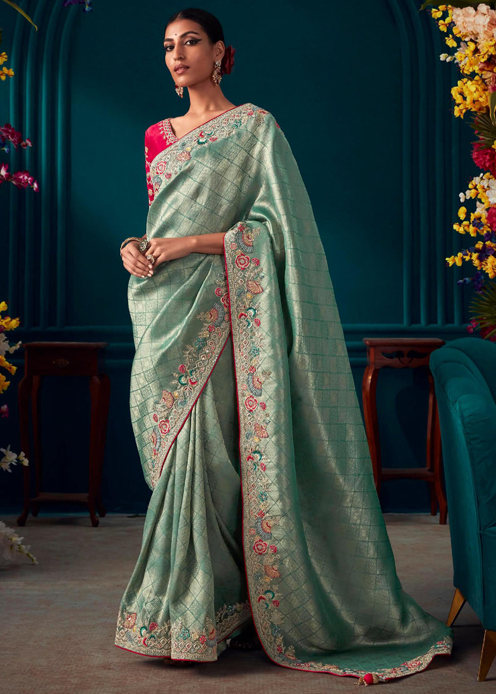 Gum Leaf Blue Woven Embroidered Banarasi Silk Saree