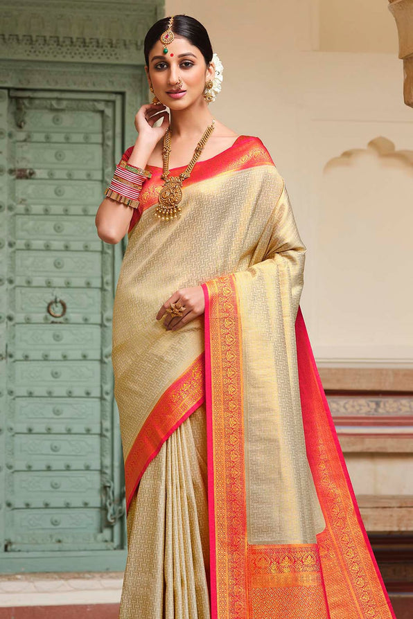 Sorrell Cream and Dark Pink Zari Woven Kanjivaram Saree