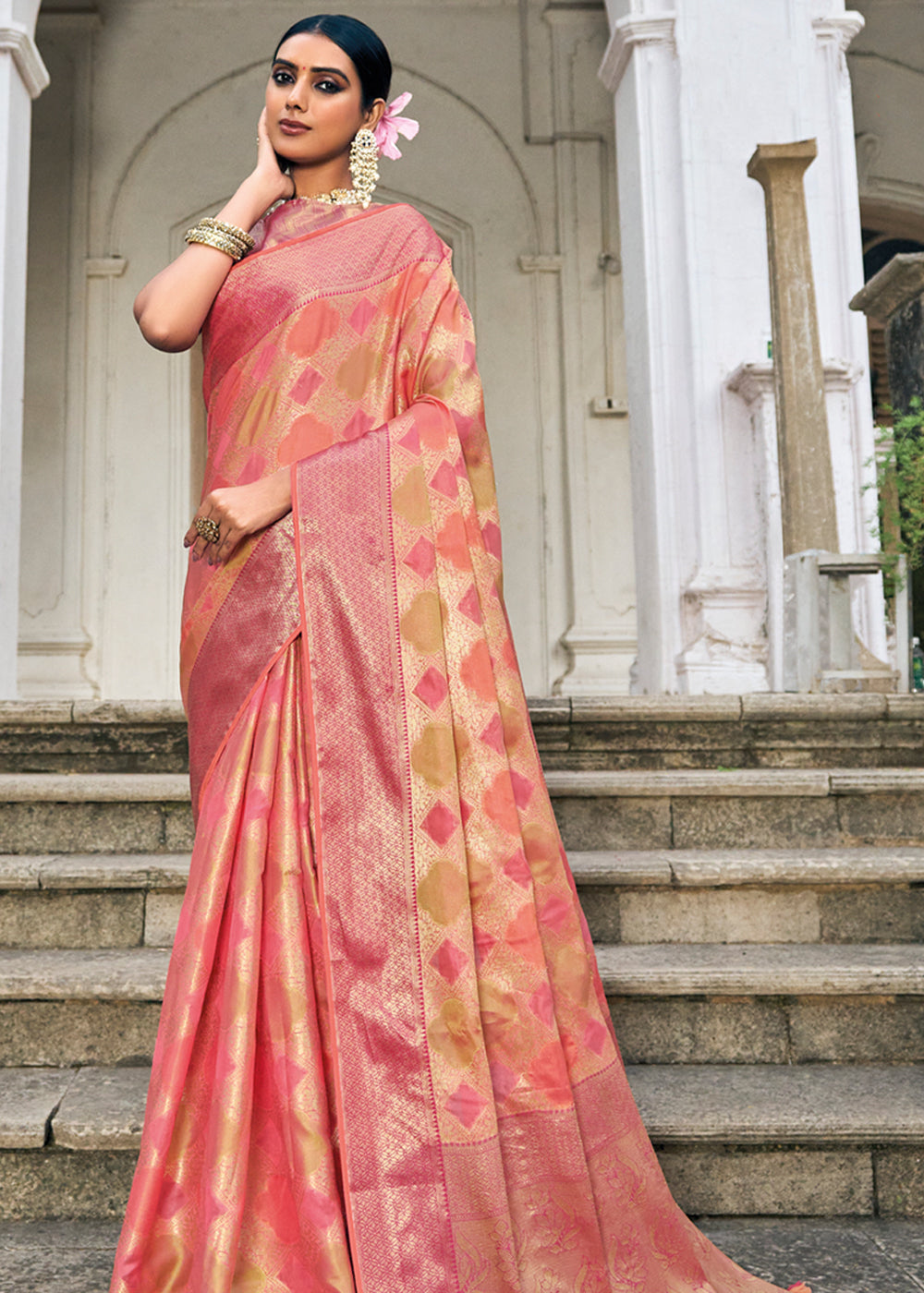 Romantic Peach Woven Organza Banarasi Silk Saree