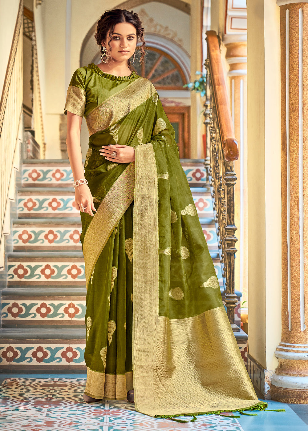 Mustard Green Zari Woven Banarasi Organza Saree