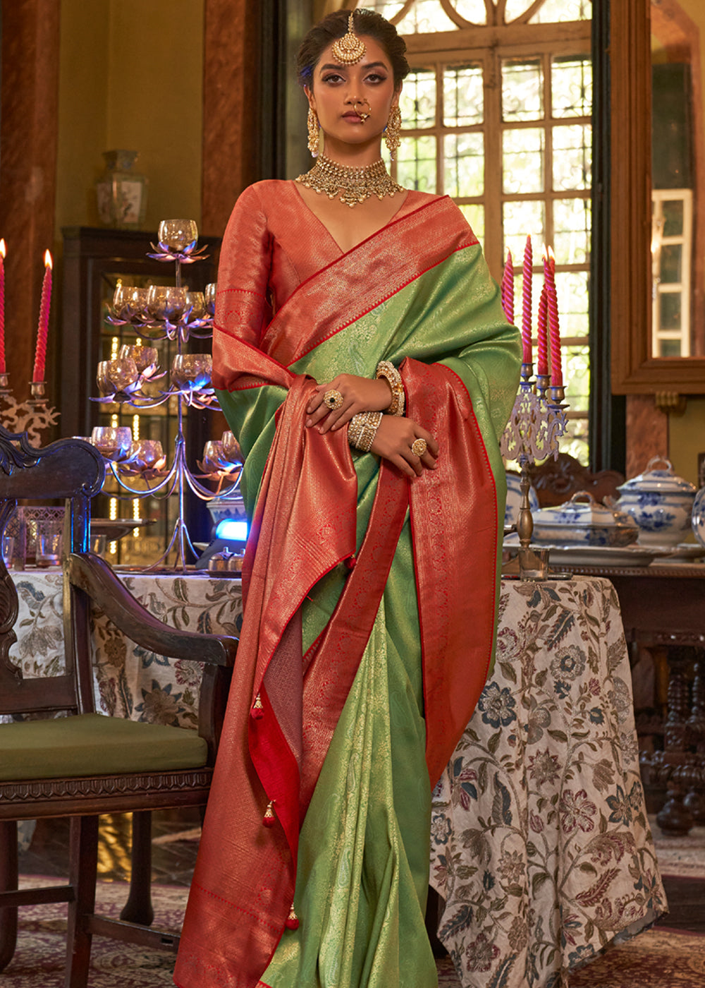 Asparagus Green and Red Woven Kanjivaram Saree