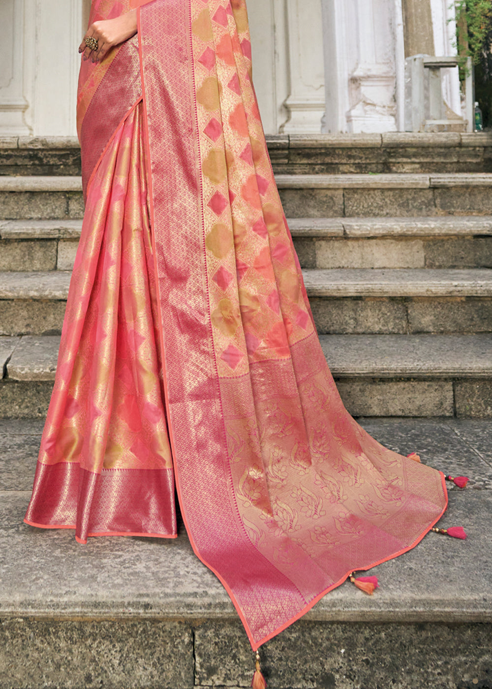 Romantic Peach Woven Organza Banarasi Silk Saree